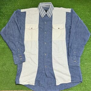 Vintage Spindle River Western Shirt M 90s‎ ColorBlock Blue White Pinstripe Rodeo